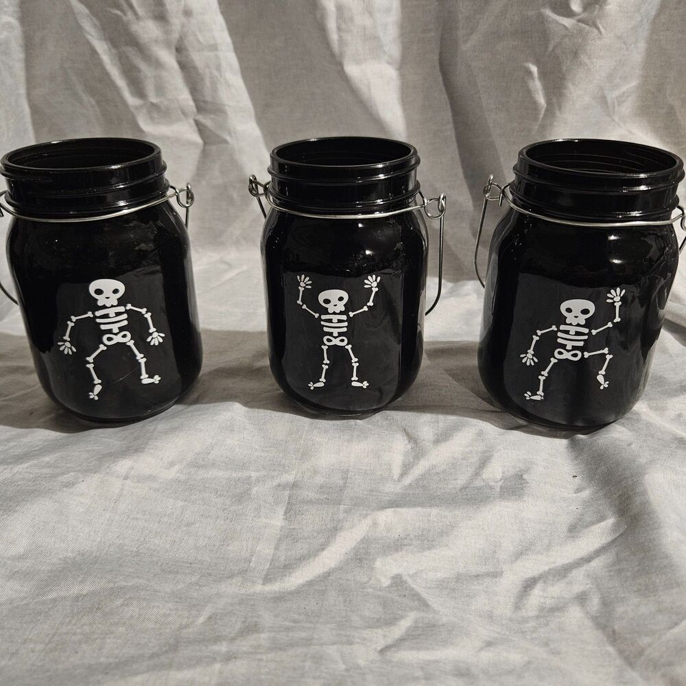 Set of 3 Skeleton Halloween Lantern Jars Black Hanging Decor Lights
